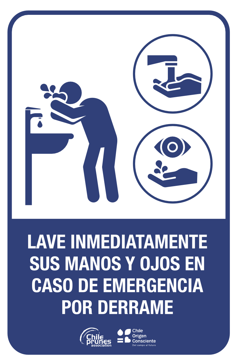 Señalética Lave manos y ojos en caso de emergencia por derrame
